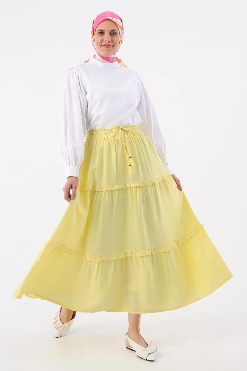 Allday Light Yellow Elastic Waist Ruffle Viscose Skirt
