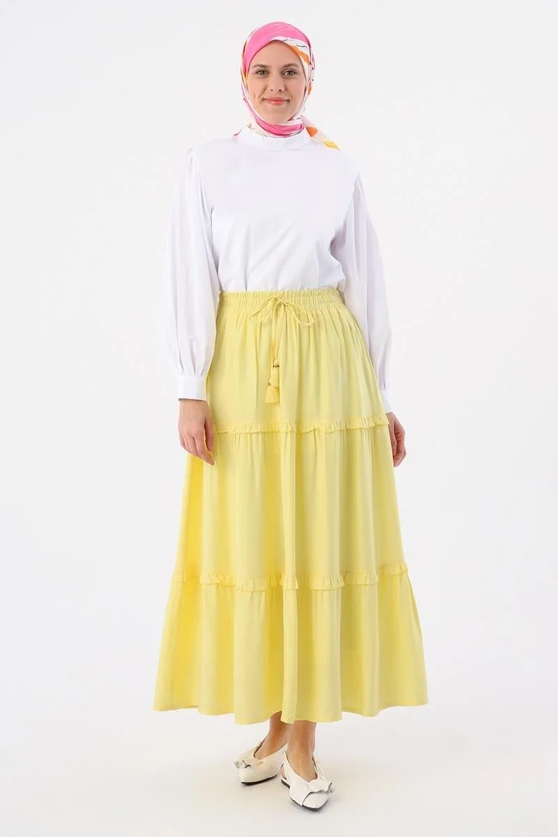 Allday Light Yellow Elastic Waist Ruffle Viscose Skirt