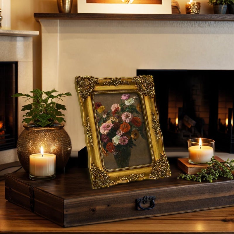 FJXMFRAME Gold 5x7 Picture Frame Vintage Ornate Antique Victorian Picture Frames Baroque for Tabletop or Wall Hanging Small Bronze with Glass Front - Image 2