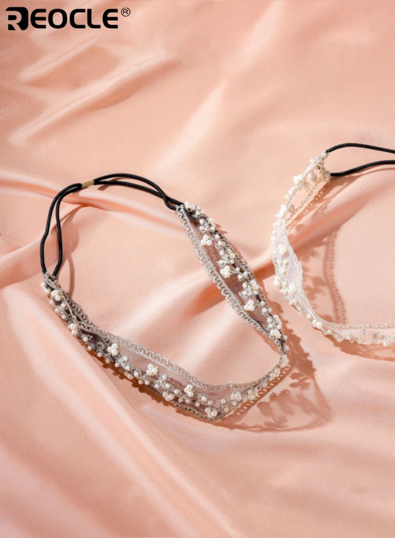 REOCLE Women's Headband Embellished Branch Pattern with Pearl Accents & Lace Trim Adjustable Comfortable Hair Accessory with Intricate Stitching for Daily Styling & Casual Outings - Image 3