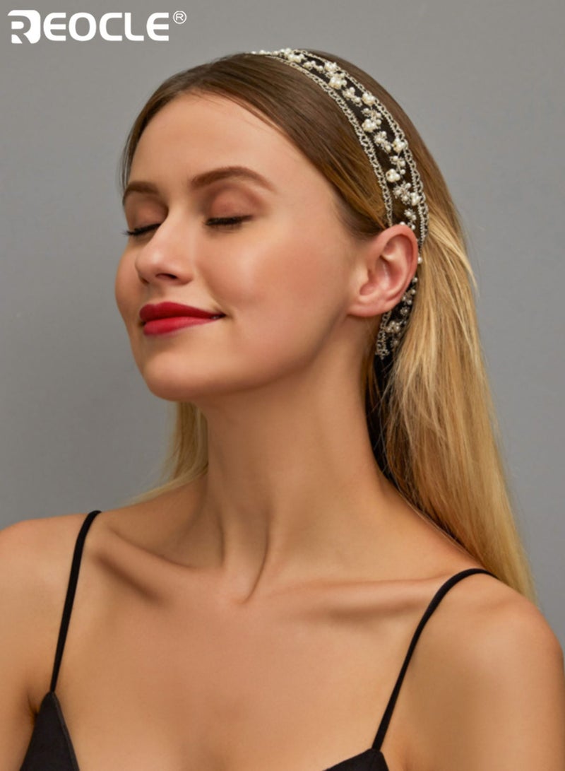 REOCLE Women's Headband Embellished Branch Pattern with Pearl Accents & Lace Trim Adjustable Comfortable Hair Accessory with Intricate Stitching for Daily Styling & Casual Outings - Image 2