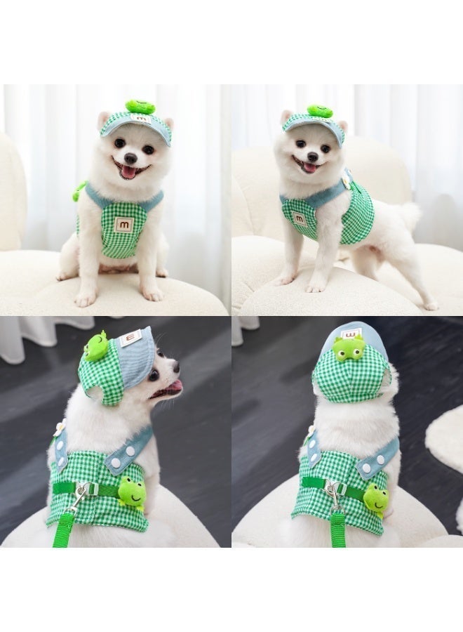 Pet Harness Set with Leash Chest Strap and Hat Green Plaid Frog Style Pet Costume for Cats and Dogs Home and Outdoor Wear Size M - Image 5