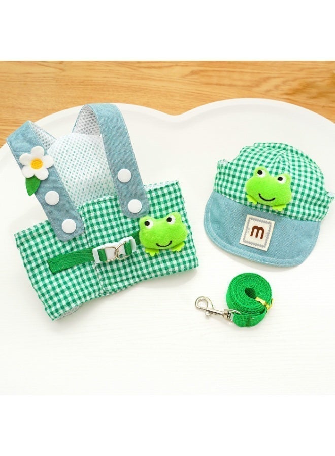 Pet Harness Set with Leash Chest Strap and Hat Green Plaid Frog Style Pet Costume for Cats and Dogs Home and Outdoor Wear Size M - Image 2