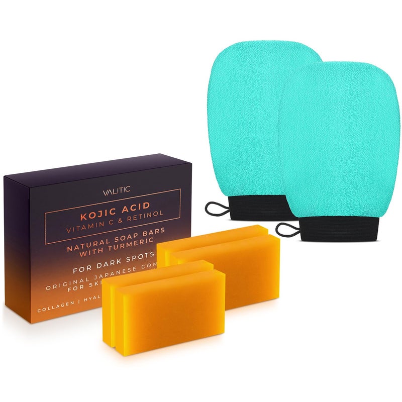 VALITIC 4 Pack Kojic Acid Vitamin C  Retinol Soap Bars for Dark Spot  A Pair Of Turquoise Exfoliating Gloves for Body Scrubs