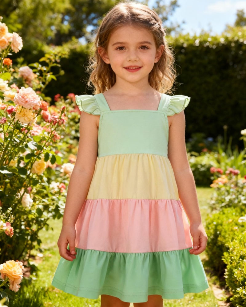 YALLET 4T 5T Kid Dress Color Block A-Line Girls Holiday Outfits Ruffle Sleeveless Little Girls Dresses with Back Elastic String for Spring Summer Holiday Birthday Daily(Green,4-5T) - Image 2