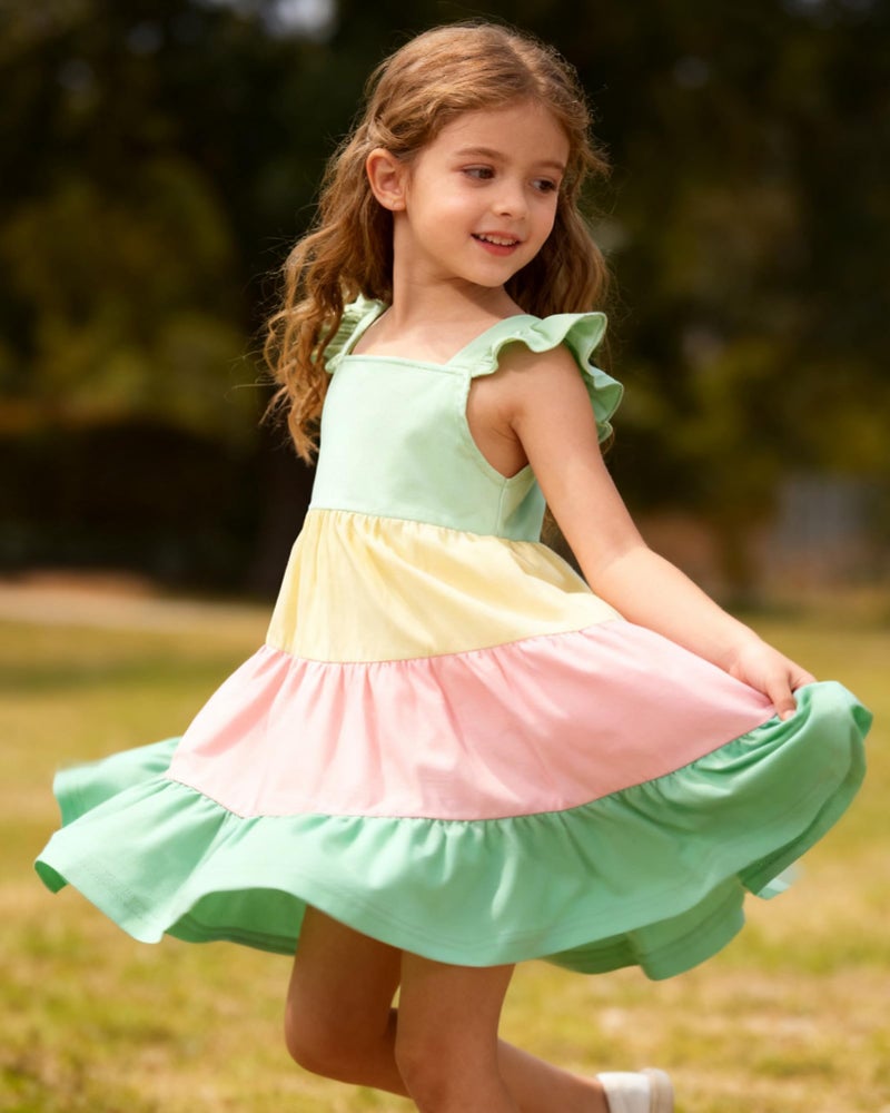 YALLET 4T 5T Kid Dress Color Block A-Line Girls Holiday Outfits Ruffle Sleeveless Little Girls Dresses with Back Elastic String for Spring Summer Holiday Birthday Daily(Green,4-5T) - Image 5