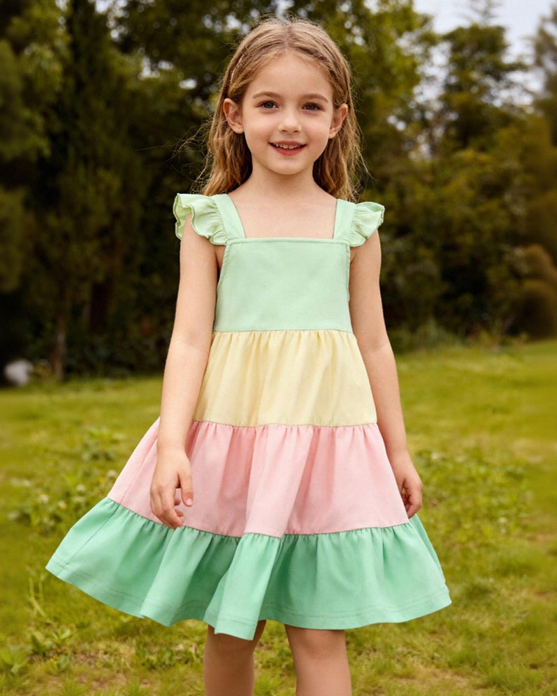 YALLET 4T 5T Kid Dress Color Block A-Line Girls Holiday Outfits Ruffle Sleeveless Little Girls Dresses with Back Elastic String for Spring Summer Holiday Birthday Daily(Green,4-5T) - Image 3