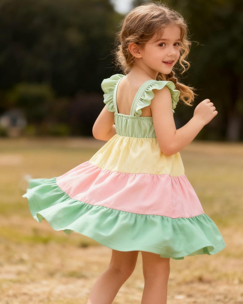 YALLET 4T 5T Kid Dress Color Block A-Line Girls Holiday Outfits Ruffle Sleeveless Little Girls Dresses with Back Elastic String for Spring Summer Holiday Birthday Daily(Green,4-5T) - Image 4