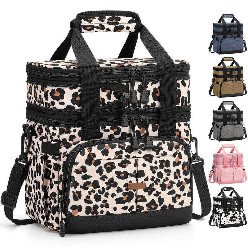 Pritent Lunch Box For Men Women Double Deck Insulated Lunch Bag For Men Woman Leakproof Expandable Cooler Bag with Adjustable Shoulder Strap for Work Picnic School(Leopard,Medium) - Image 1