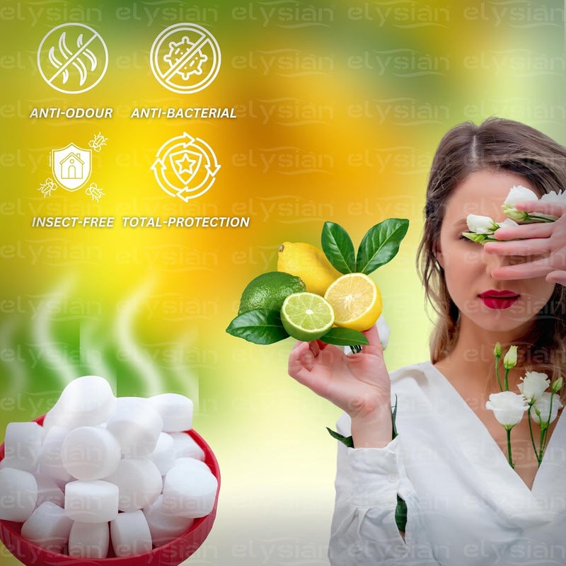 Elysian كرات النفتالين برائحة الليمون العشبي للمنزل والمطبخ والمكاتب للملابس | الحمام | الخزانة | خالية من الروائح | خالية من البقع | خالية من الجراثيم – 1 كجم (لون أبيض) - Image 2