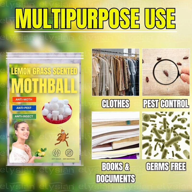 Elysian كرات النفتالين برائحة الليمون العشبي للمنزل والمطبخ والمكاتب للملابس | الحمام | الخزانة | خالية من الروائح | خالية من البقع | خالية من الجراثيم – 1 كجم (لون أبيض) - Image 4