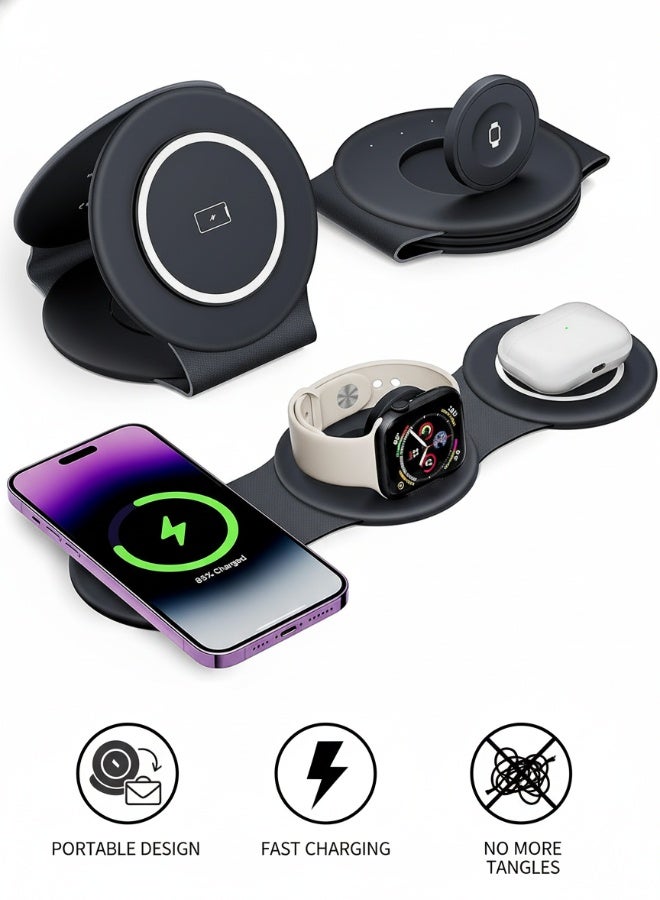 3 in 1 Wireless Charger Foldable Pad, 18W Fast Magnetic All in One Travel Charging Station with Magsafe for iPhone 16/15/14/13/12/ Series for iWatch 8 7 6 5 4 3 2 SE for Airpods 3 2 Pro, Black
