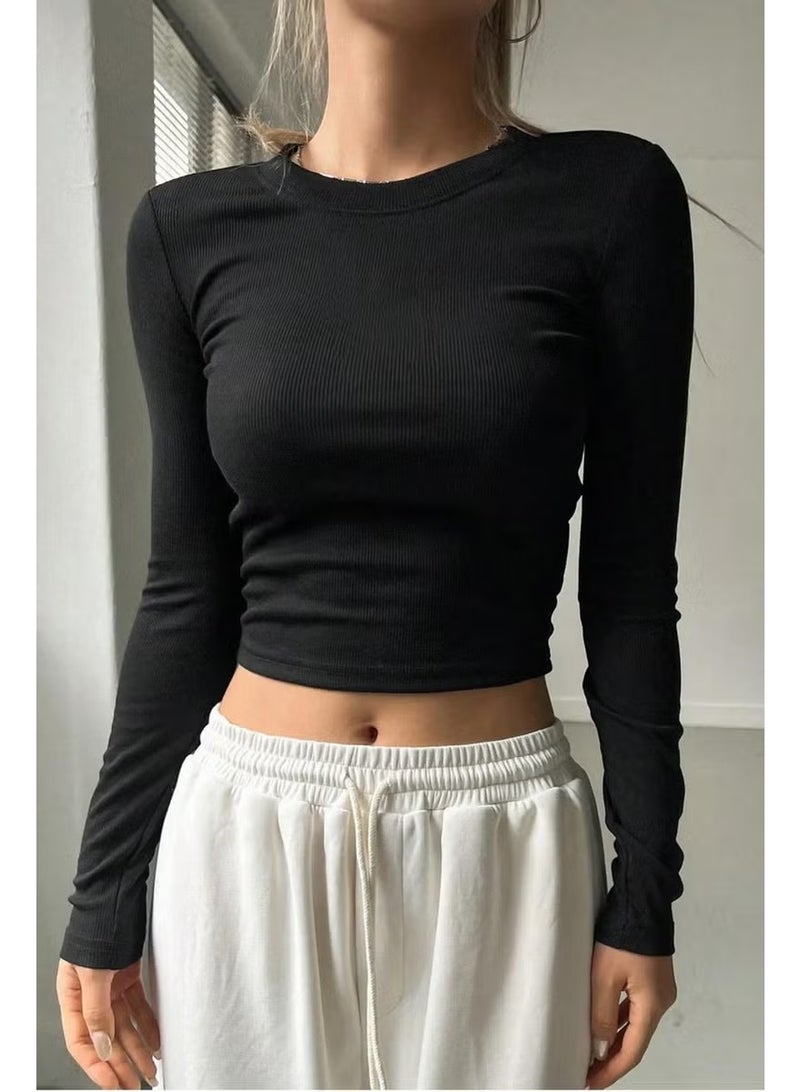 BRZ Collection Women's Long Sleeve Ribbed Basic Crop Blouse Black - Image 1