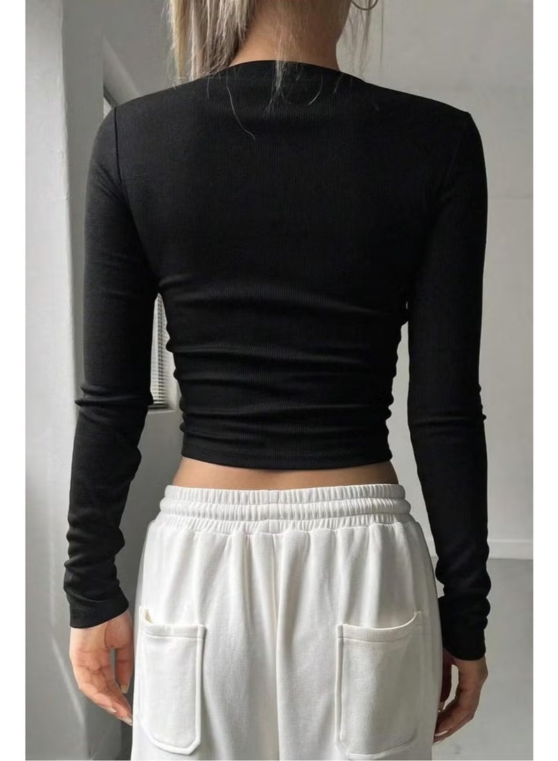 BRZ Collection Women's Long Sleeve Ribbed Basic Crop Blouse Black - Image 2
