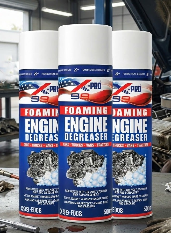 X Pro 99 X99-PRO X99-ED08 Foaming Engine Degreaser Spray 500ml (3 PCS) Heavy Duty Engine Cleaner Foam for Cars Trucks Vans Tractors Motorcycles, Removes Grease Oil Dirt Grime, Fast Acting Engine Bay Cleaning Formula - Image 1