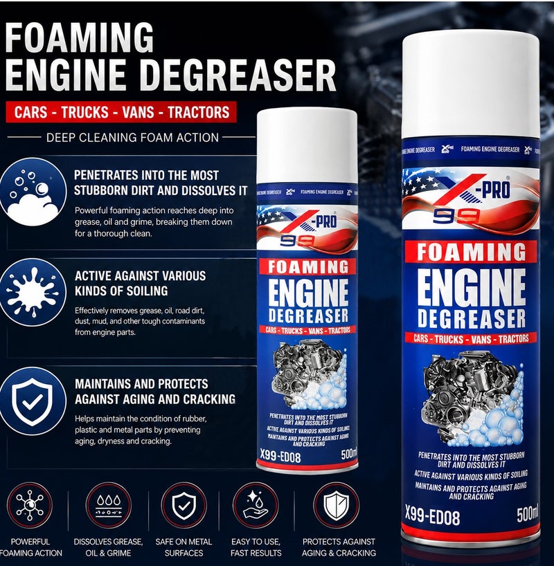 X Pro 99 X99-PRO X99-ED08 Foaming Engine Degreaser Spray 500ml (3 PCS) Heavy Duty Engine Cleaner Foam for Cars Trucks Vans Tractors Motorcycles, Removes Grease Oil Dirt Grime, Fast Acting Engine Bay Cleaning Formula - Image 3