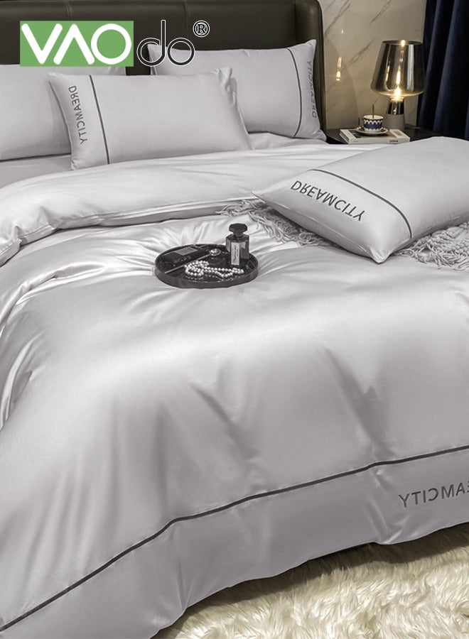 VAOdo 4PCS Silk Comforter Set, Simple Style Bedding Set, Soft Breathable Lightweight Material, AB Surface Bedding Covers Set Grey 220*240CM - Image 1
