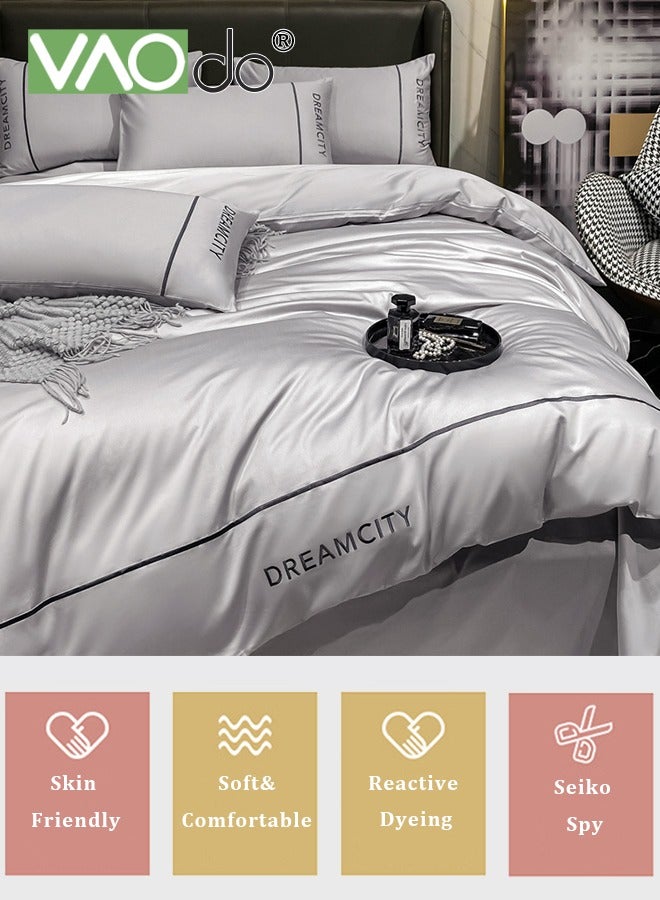 VAOdo 4PCS Silk Comforter Set, Simple Style Bedding Set, Soft Breathable Lightweight Material, AB Surface Bedding Covers Set Grey 220*240CM - Image 3