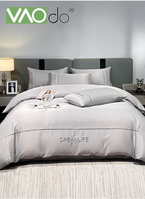 4PCS Silk Comforter Set Soft and Good for Sleep AB Surface with Simple and Atmospheric Embroidery Universal for All Seasons Bedding Duvet Covers Set 220*240CM Grey