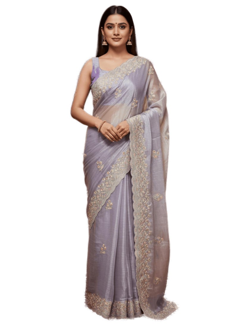 Glory Sarees Women’s Organza Chiffon Embroidery Work Scallop Border Saree With Blouse Piece (Chiffon101_Lavender) - Image 1