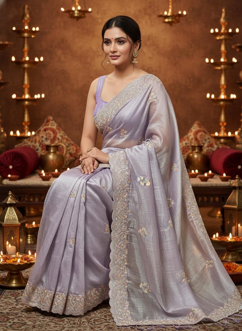 Glory Sarees Women’s Organza Chiffon Embroidery Work Scallop Border Saree With Blouse Piece (Chiffon101_Lavender) - Image 4
