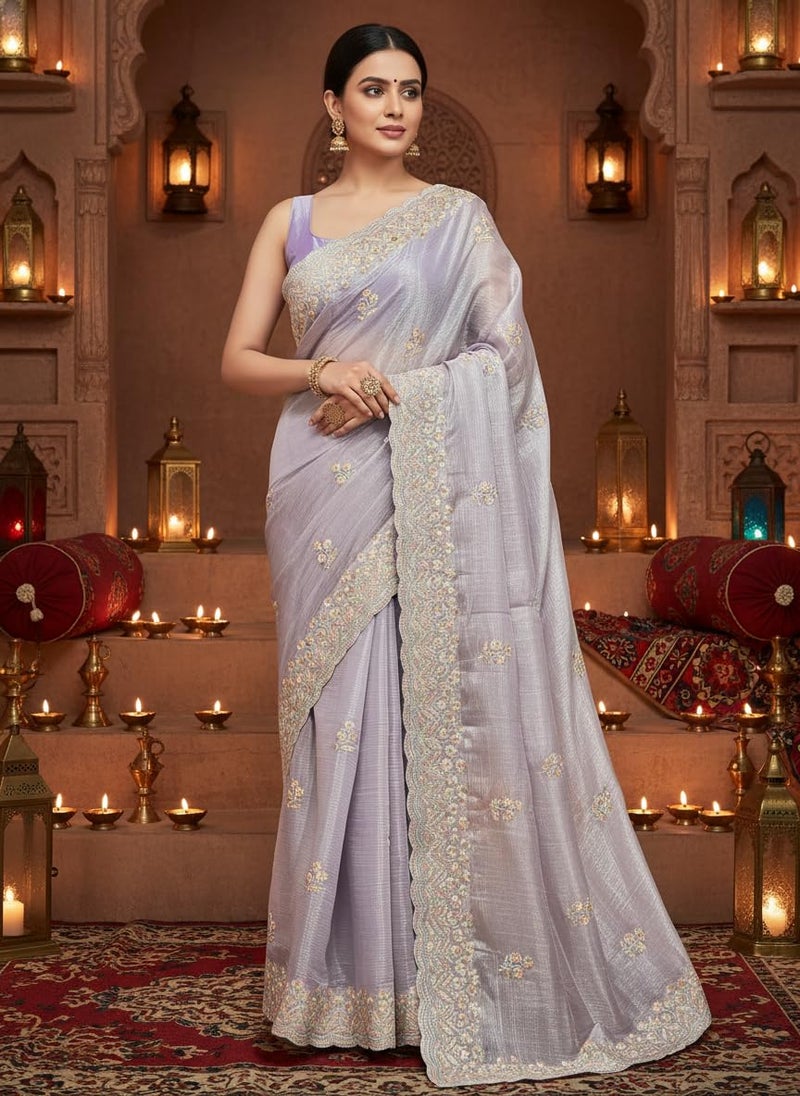 Glory Sarees Women’s Organza Chiffon Embroidery Work Scallop Border Saree With Blouse Piece (Chiffon101_Lavender) - Image 5