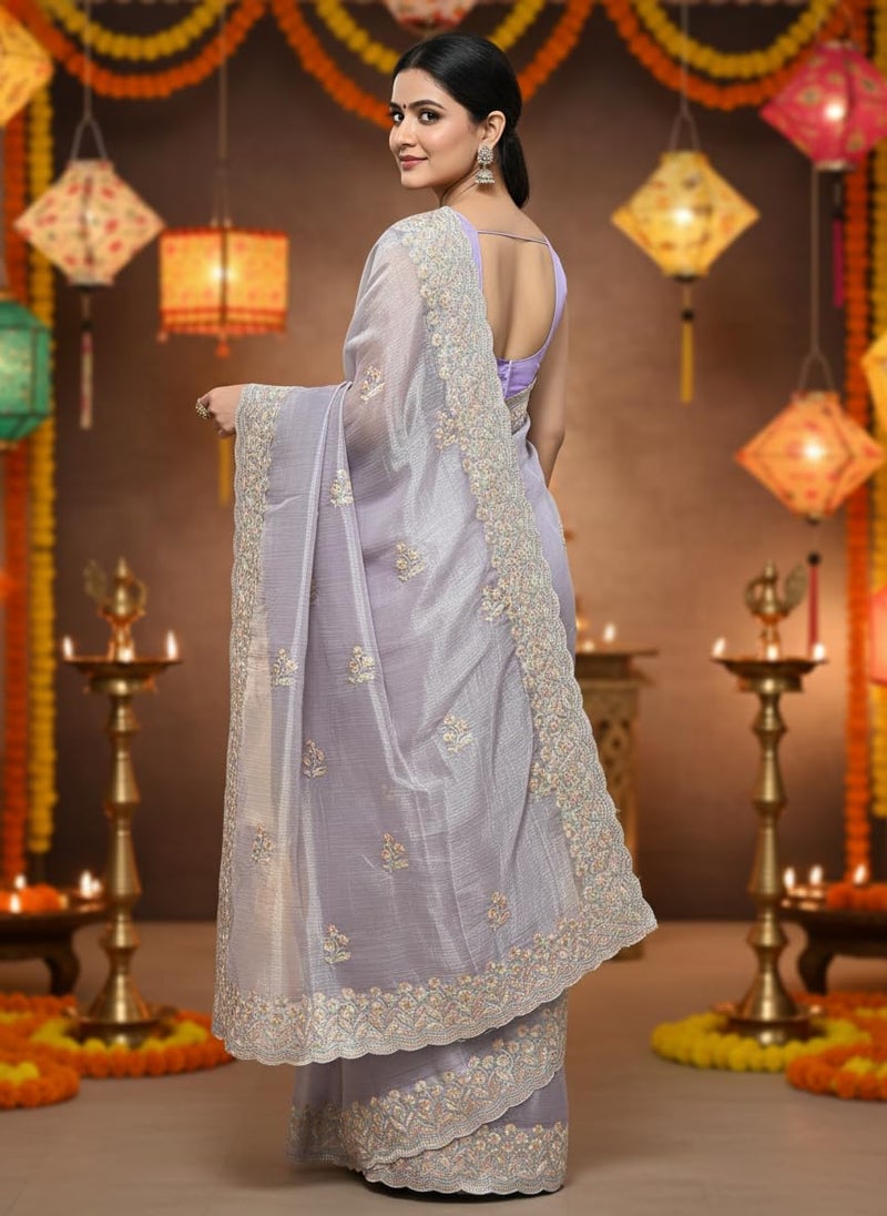 Glory Sarees Women’s Organza Chiffon Embroidery Work Scallop Border Saree With Blouse Piece (Chiffon101_Lavender) - Image 3