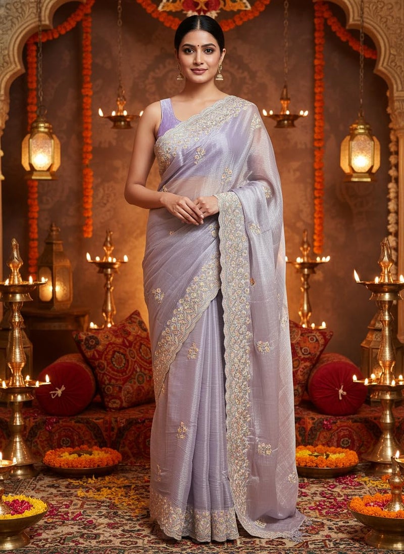Glory Sarees Women’s Organza Chiffon Embroidery Work Scallop Border Saree With Blouse Piece (Chiffon101_Lavender) - Image 2