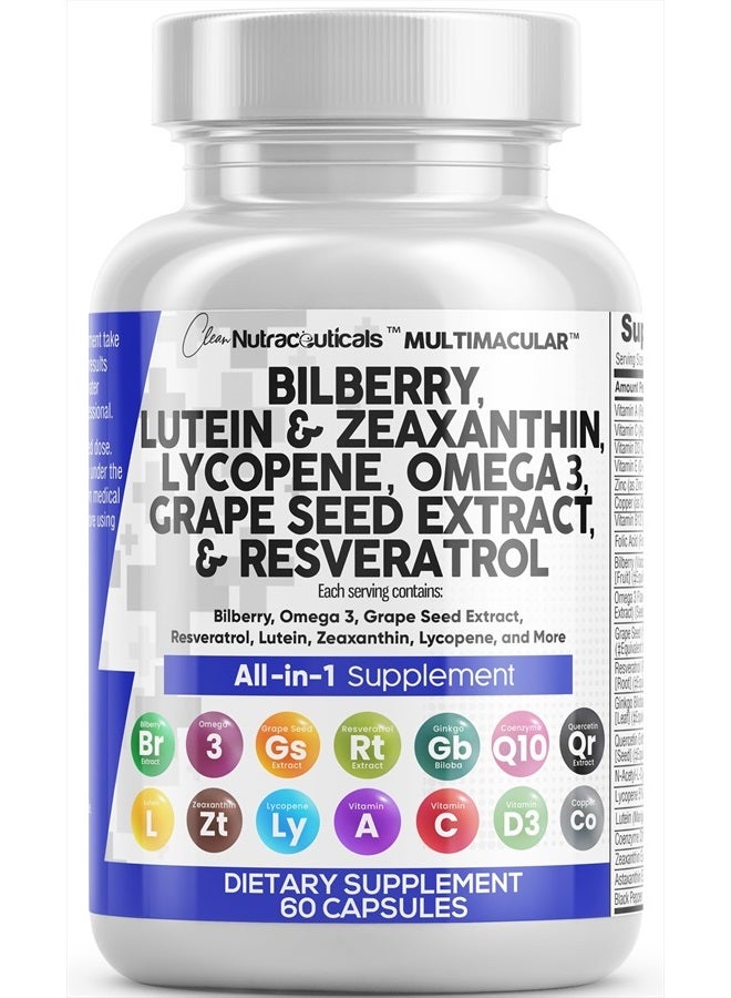 Clean Nutraceuticals Eye Health Vitamins with Bilberry 6000mg Lutein & Zeaxanthin 40mg Lycopene 40mg Resveratrol 3000mg Grape Seed Extract 6000mg Omega 3 4000mg Astaxanthin - Eye Vitamin - 60 Capsules - Image 1