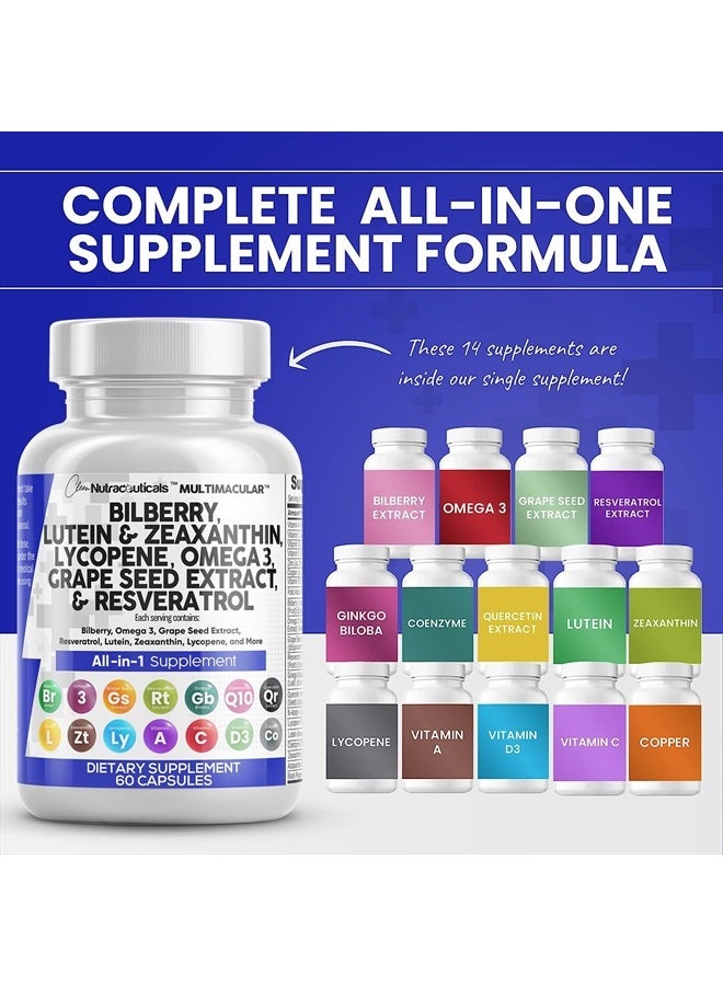 Clean Nutraceuticals Eye Health Vitamins with Bilberry 6000mg Lutein & Zeaxanthin 40mg Lycopene 40mg Resveratrol 3000mg Grape Seed Extract 6000mg Omega 3 4000mg Astaxanthin - Eye Vitamin - 60 Capsules - Image 2