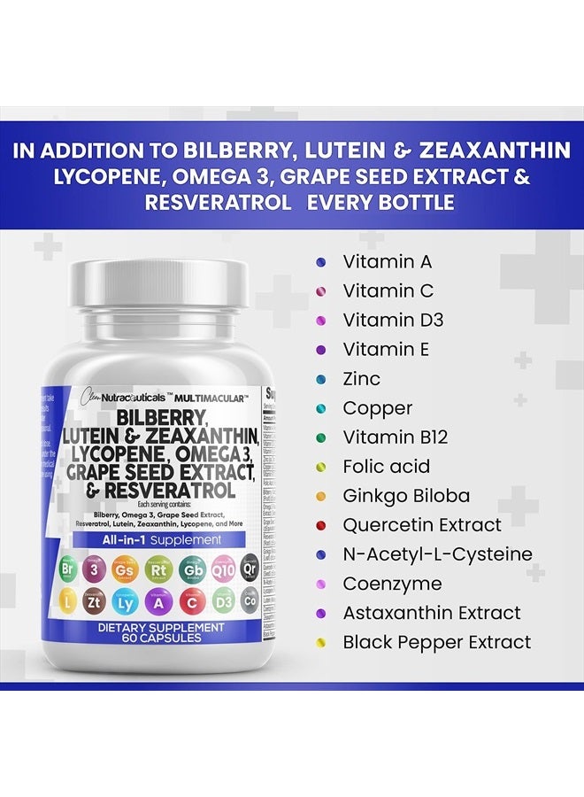 Clean Nutraceuticals Eye Health Vitamins with Bilberry 6000mg Lutein & Zeaxanthin 40mg Lycopene 40mg Resveratrol 3000mg Grape Seed Extract 6000mg Omega 3 4000mg Astaxanthin - Eye Vitamin - 60 Capsules - Image 5