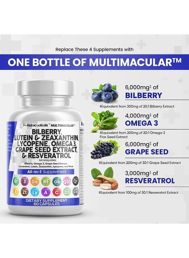 Clean Nutraceuticals Eye Health Vitamins with Bilberry 6000mg Lutein & Zeaxanthin 40mg Lycopene 40mg Resveratrol 3000mg Grape Seed Extract 6000mg Omega 3 4000mg Astaxanthin - Eye Vitamin - 60 Capsules - Image 3