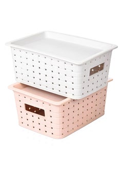 Kuber Industries Kuber Industries BPA Free Attractive Design Multipurpose Small Trendy Storage Basket With Lid|Material-Plastic|Color-Gray,Beige|Pack of 2  - Image 1