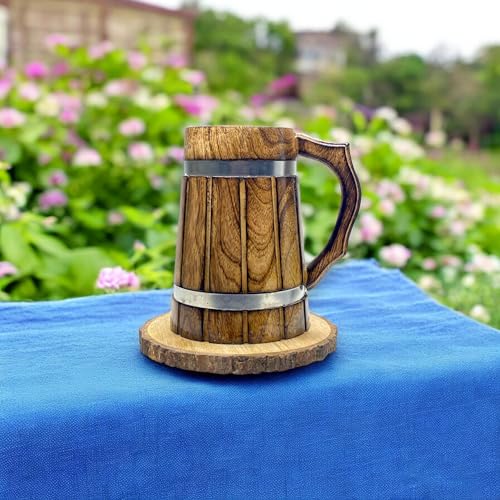 POSHIO® POSHIO Wooden Beer Mugs (600Ml, 1Pcs) with Tree Bark Coasters | Barrel Shaped Beer Mugs Wooden | Mugs for Cocktail Parties - Sturdy Finish | Gift Item Barware - Image 5