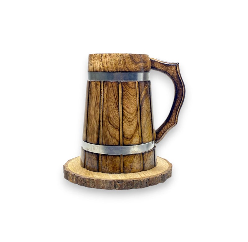 POSHIO® POSHIO Wooden Beer Mugs (600Ml, 1Pcs) with Tree Bark Coasters | Barrel Shaped Beer Mugs Wooden | Mugs for Cocktail Parties - Sturdy Finish | Gift Item Barware - Image 1