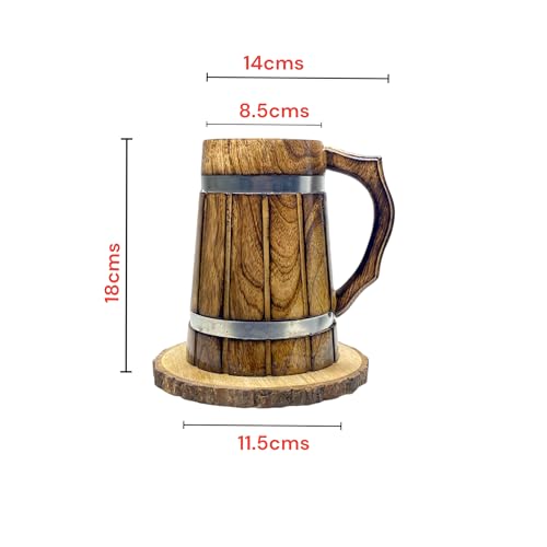 POSHIO® POSHIO Wooden Beer Mugs (600Ml, 1Pcs) with Tree Bark Coasters | Barrel Shaped Beer Mugs Wooden | Mugs for Cocktail Parties - Sturdy Finish | Gift Item Barware - Image 2