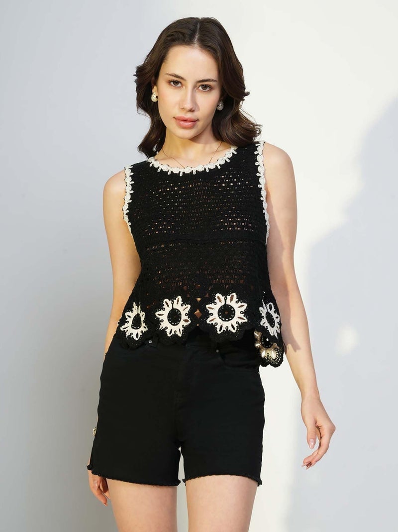 ICW Women Cotton Embroidery Sleeveless Knit Boho Crochet Vest Crop Cami Tank Top 153 (in, Alpha, XS, Regular, Black) - Image 5