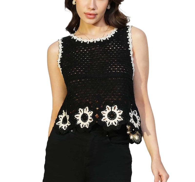 ICW Women Cotton Embroidery Sleeveless Knit Boho Crochet Vest Crop Cami Tank Top 153 (in, Alpha, XS, Regular, Black) - Image 1