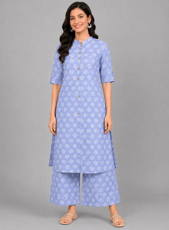 House Of Raeli Blue All Over Floral Print Longline Top and Pants Ethnic Set