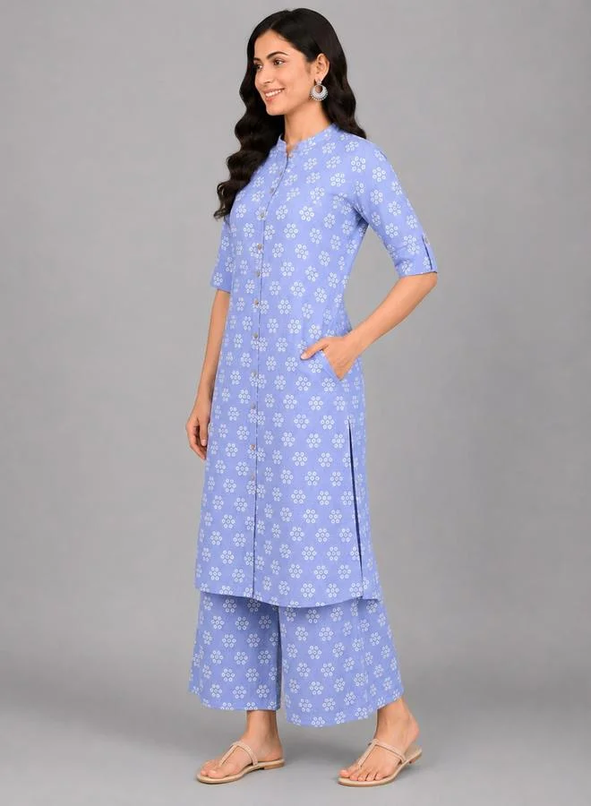 House Of Raeli Blue All Over Floral Print Longline Top and Pants Ethnic Set