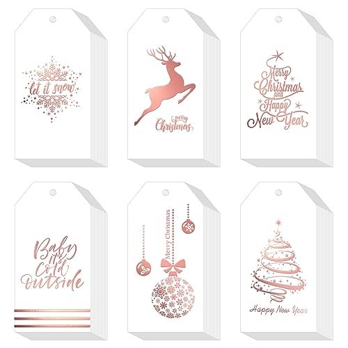 Whaline 120 Pcs Christmas Rose Gold Foil Paper Gift Tags Holiday Hang Name Tags Label with Twine for DIY Xmas Present Happy New Year Party Decoration - Image 2