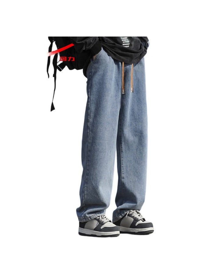 Pull Back Warrior Denim Jeans For Men, Spring And Autumn American Retro Straight-Leg Pants, Loose Wide-Leg Casual Trousers, Dark Blue, Size L - Image 3