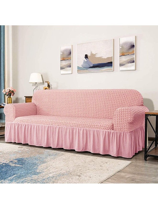Arabest Sofa Cover, 1 Piece Universal Sofa Slipcover, Couch Cover Chair Furniture Protector Cover, Washable High Elastic Durable Seersucker Fabric with Skirt Country Style (Pink, Three Seats)  - Image 2