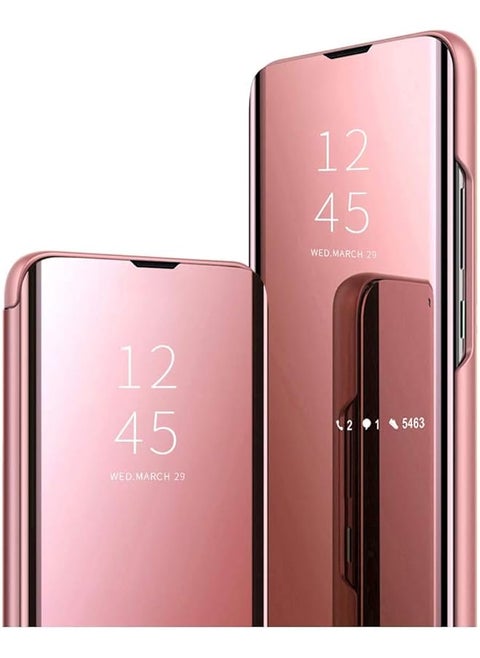 Clear View Cover Case For Samsung Galaxy A21S Standing Flip Folding Kickstand Case With Full Screen Protectionshockproof Electroplate Plating Mirror Holder Smart Bumper Case Rose Gold