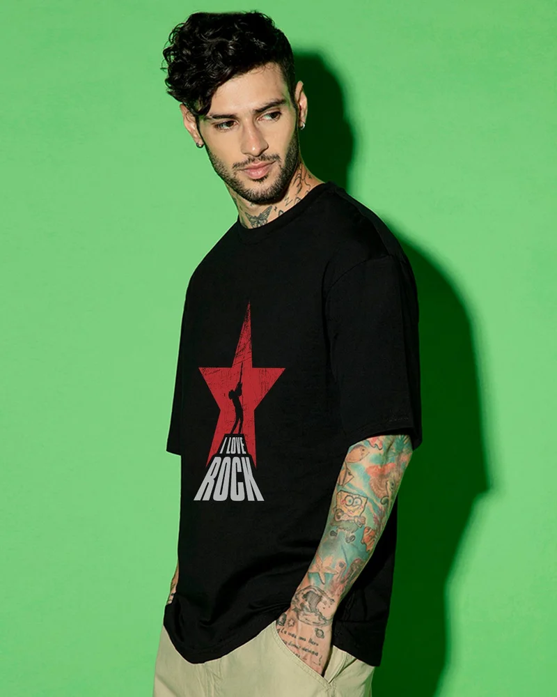 bewakoof Men's Jet Black I Love Rock Graphic Printed Oversized T-shirt