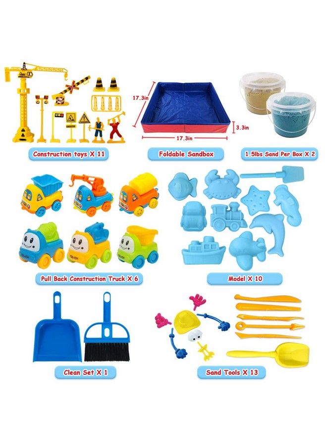 ESSENSON Play Construction Sand Kit 3Lbs Sand With 2 Colors 6 Mini Construction Trucks Construction Toys And Signs Animal Mold Modeling Tools Foldable Sandbox With Clean Set Gifts For Boys Girls - Image 3