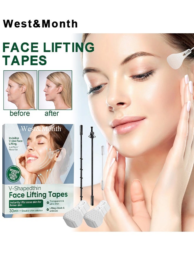 West&Month V-Shapedthin Face Lifting Tapes, Waterproof High Elasticity Facelift Face Lift Tape, Ultra-thin Invisible Face Tape, For Hiding Facial Wrinkles Lift Saggy Skin Hide Double Chin And Neck Wrinkles, Lifting Eyes, Face, Neck Skin, 30Pcs - Image 2