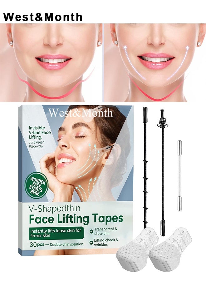 West&Month V-Shapedthin Face Lifting Tapes, Waterproof High Elasticity Facelift Face Lift Tape, Ultra-thin Invisible Face Tape, For Hiding Facial Wrinkles Lift Saggy Skin Hide Double Chin And Neck Wrinkles, Lifting Eyes, Face, Neck Skin, 30Pcs - Image 1