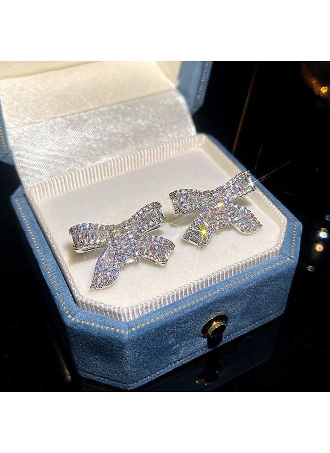 نيبمينينت Korean Style Silver Needle Bow Flash Diamond Earrings Light Luxury High-end Ear Jewelry Yiwu High Fashion 
