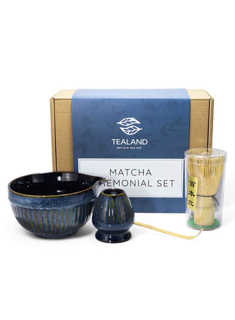 تيلاند طقم شاي ماتشا فاخر من تيلاند، طقم ياباني تقليدي من 4 قطع مع خفاقة خيزران، مغرفة خيزران، وعاء سيراميكي وحامل خفاقة سيراميكي، طقم احتفالات متكامل لتحضير شاي ماتشا أصيل. - Image 1